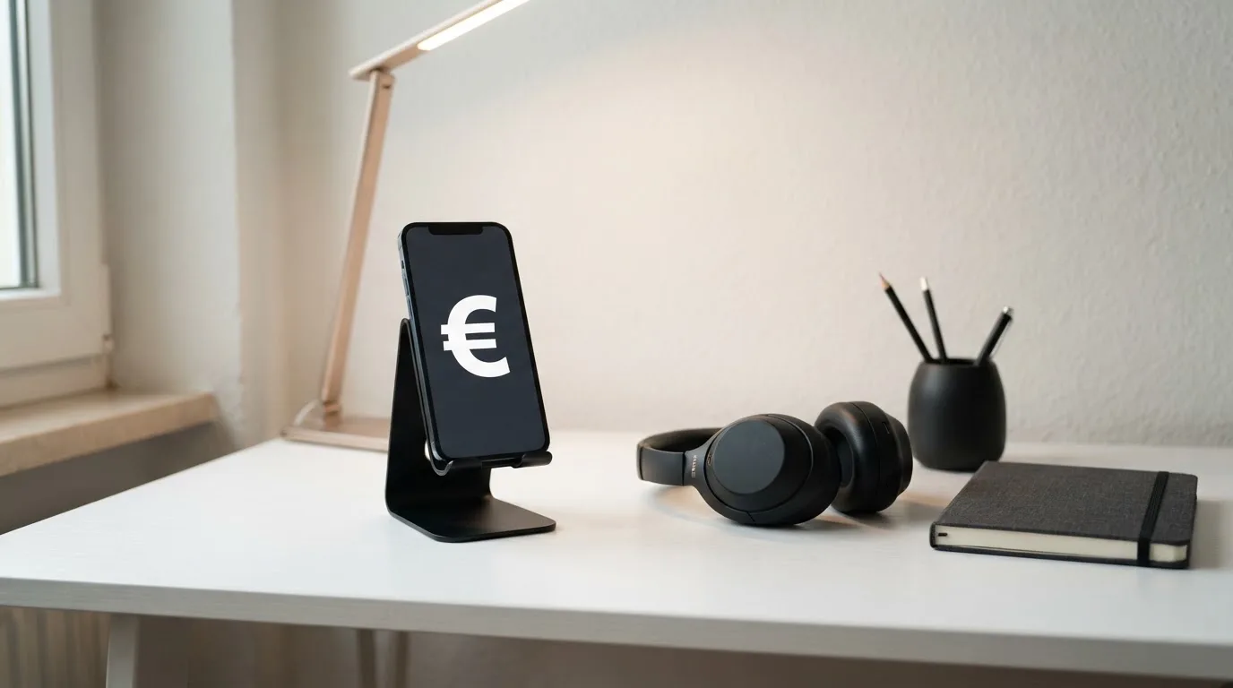 Fotografía de un dispositivo móvil apoyado en un soporte sobre un escritorio, con auriculares al lado, en un espacio ordenado.
