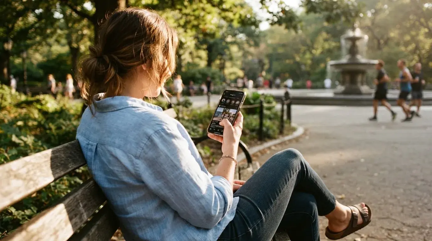 Fotografía de una persona revisando su teléfono móvil sentada en un banco de un parque durante una tarde soleada.
