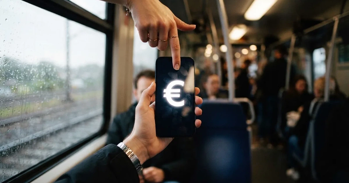 Fotografía de una mano tocando la pantalla de un smartphone mientras la otra sostiene el dispositivo, sentado en un tren.