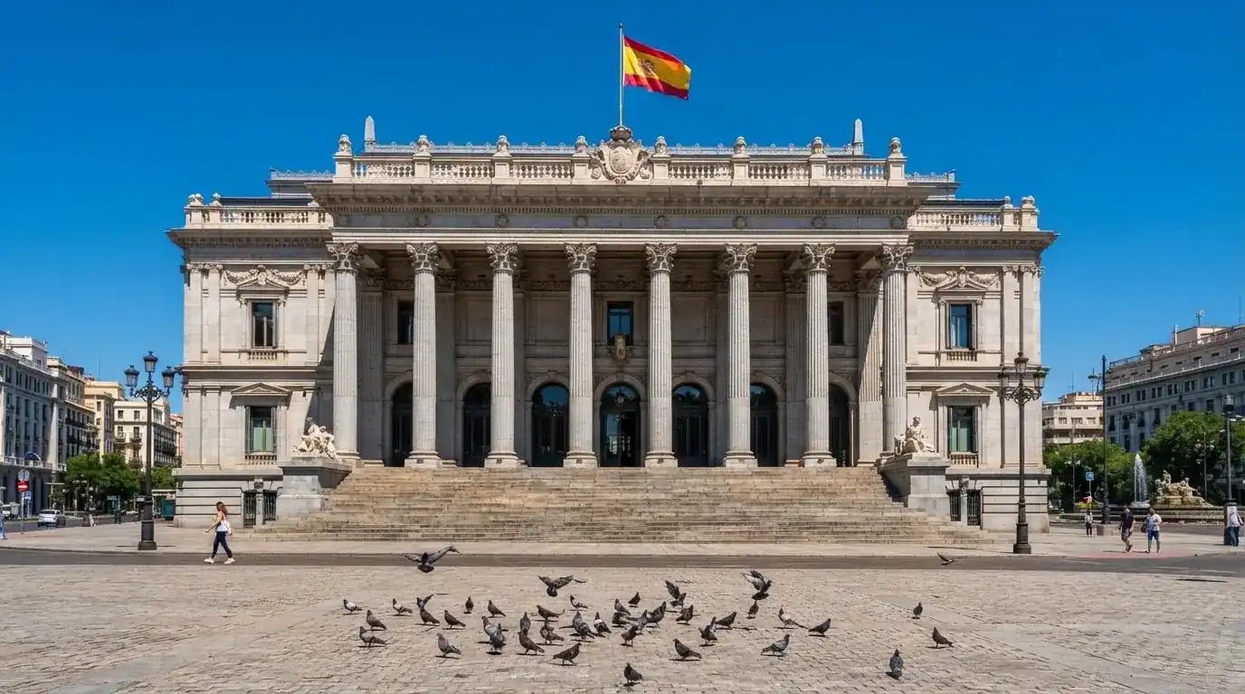 Fotografía de un edificio institucional con columnas de piedra y una bandera española ondeando bajo un cielo despejado.