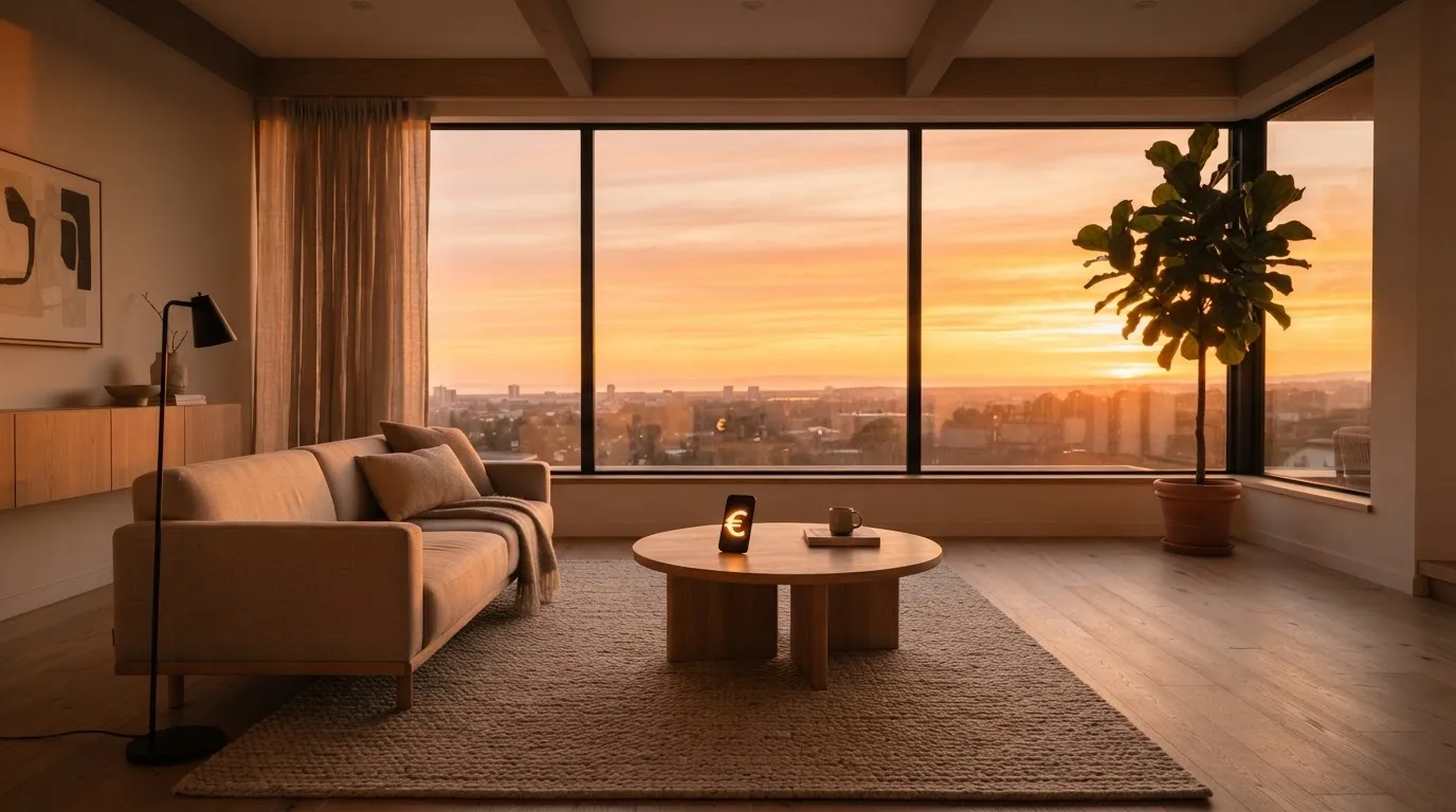 Fotografía panorámica de una sala de estar moderna con un gran ventanal, un sofá y una mesa baja, luz de atardecer.